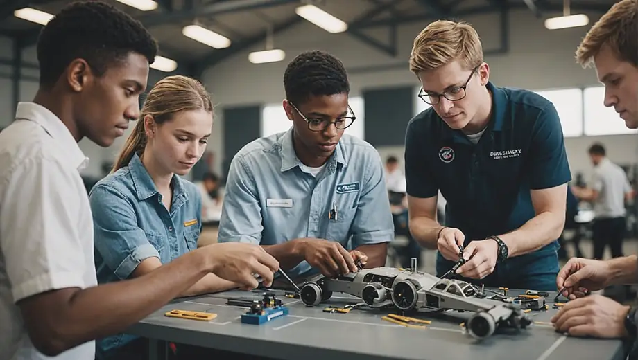 A diverse group of students engaged in hands-on training at an aviation school, working on aircraft systems and discussing flight operations.