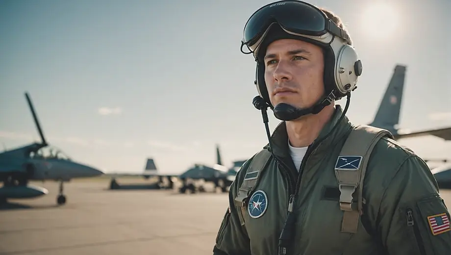 A focused individual in a flight suit engages in pilot training on an airfield, surrounded by aircraft and training equipment.