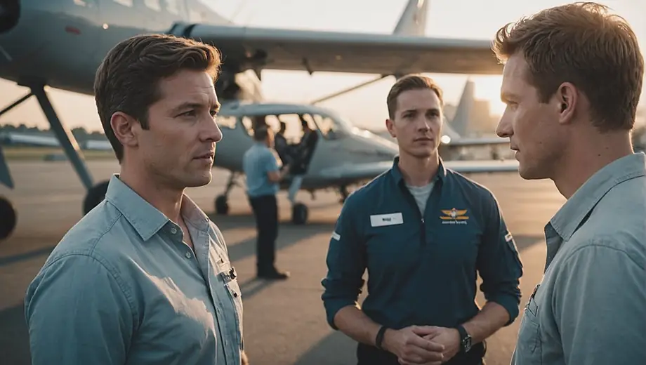 A customer discusses training options with a professional at a flight academy, surrounded by aircraft and aviation equipment.