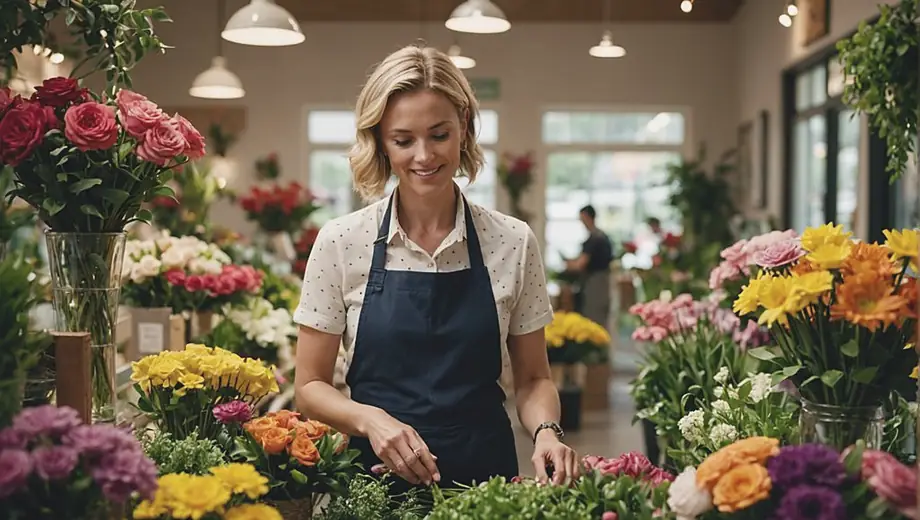 A florist assists a customer in selecting vibrant flowers at a bustling flower shop, surrounded by colorful arrangements and greenery.