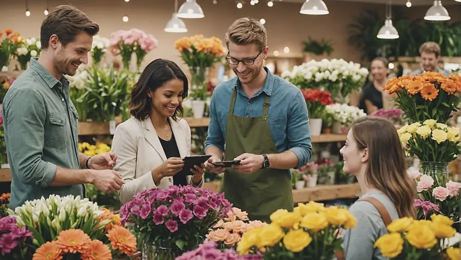 A diverse group of people happily browsing and selecting colorful flowers in a vibrant flower shop, surrounded by lush greenery and floral arrangements.