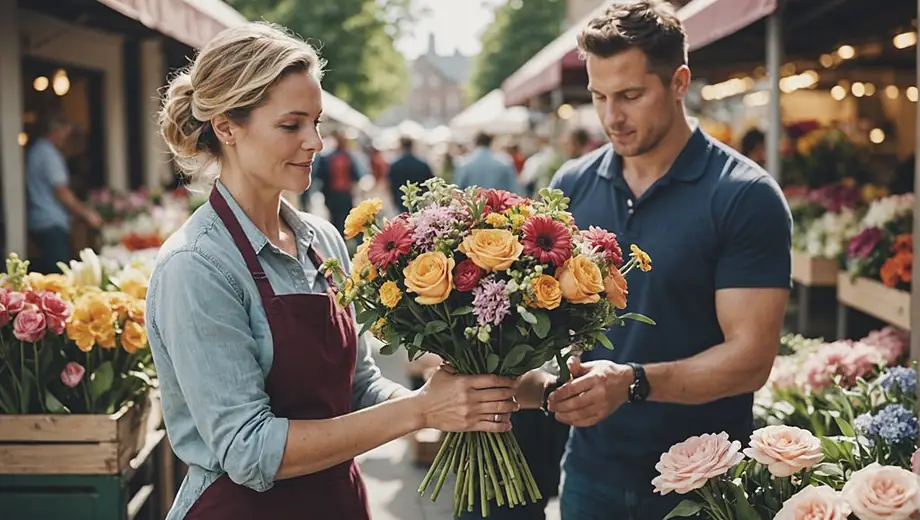 A florist arranging a vibrant bouquet of fresh flowers at a bustling outdoor market.