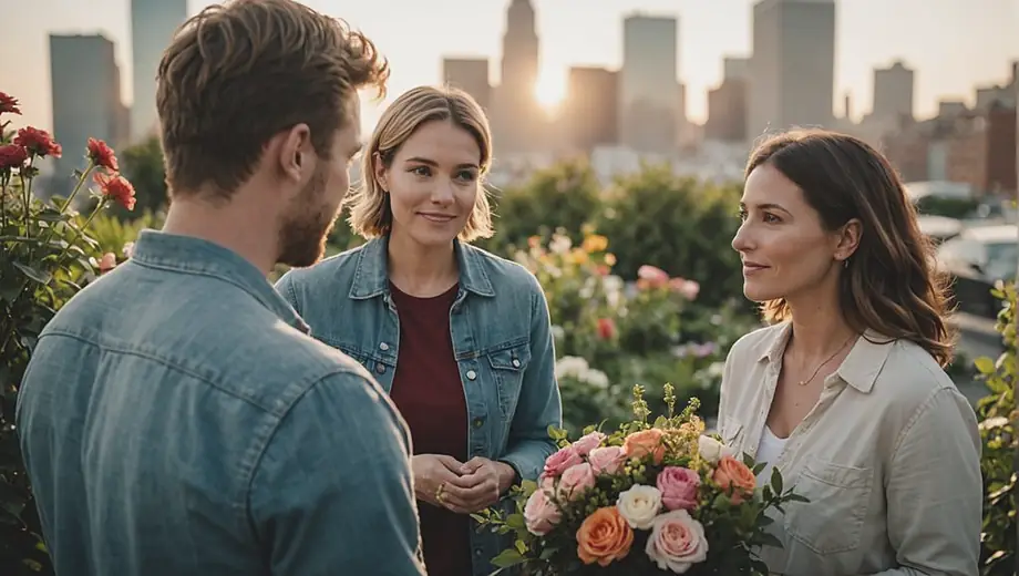 A customer discusses floral arrangements with a professional on site, surrounded by vibrant blooms and greenery, showcasing a collaborative atmosphere.