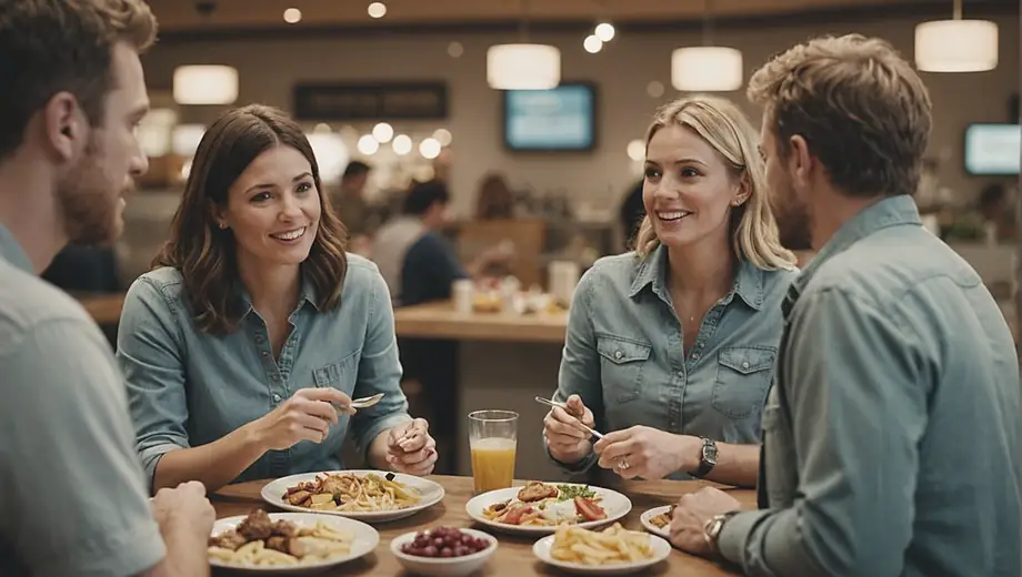 A customer and a professional engage in a discussion on site, surrounded by various food and beverage options, highlighting the importance of quality and service in the industry.