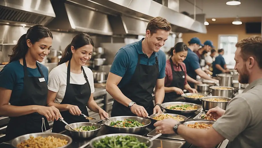 A diverse group of people working together in a bustling food service environment, preparing meals and serving customers with smiles.