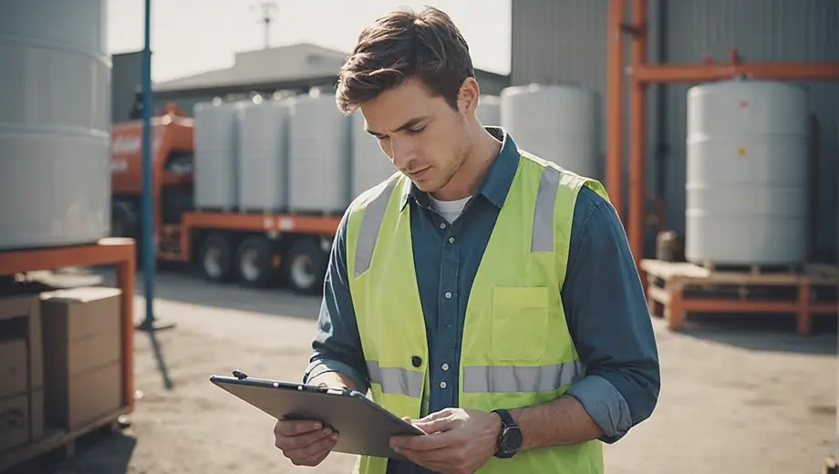 A person in a branded shirt stands at a beverage company site, inspecting equipment while holding a clipboard.