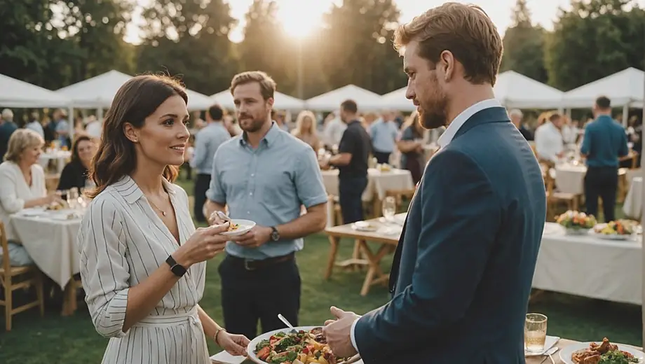 A customer discusses event details with a professional from a catering service at an outdoor venue, surrounded by tables set for a celebration.