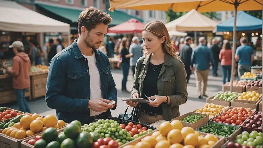 A customer and a professional discuss food delivery options at a bustling outdoor market, surrounded by colorful food stalls and fresh produce.