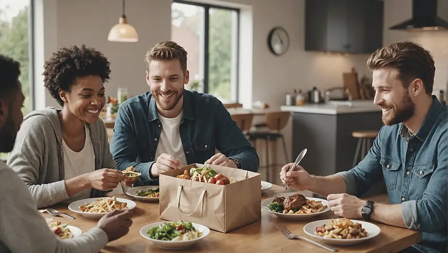 A diverse group of friends enjoying a meal together at home, with a food delivery service bag on the table, showcasing the convenience of modern dining.
