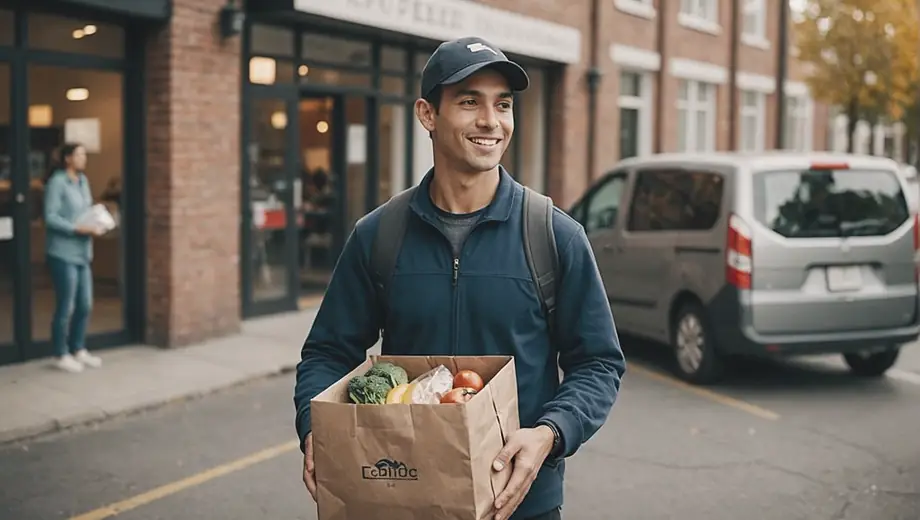 A person stands at a delivery location, holding a meal delivery bag filled with freshly prepared food, ready to distribute to customers.