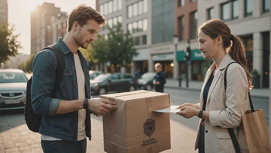 A customer and a professional discuss logistics on-site for an online food delivery service, surrounded by delivery bags and equipment.