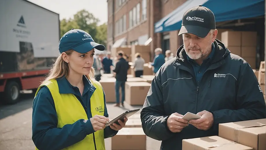 A customer and a professional collaborate on-site during a food distribution event, discussing logistics and ensuring efficient delivery of supplies to the community.