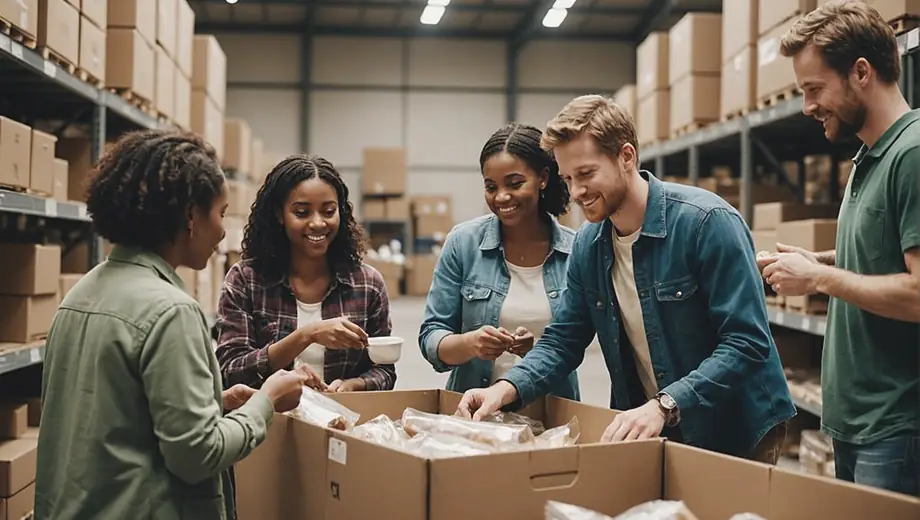 A diverse group of people collaborating in a warehouse, organizing and packing food supplies for a food distributor, showcasing teamwork and efficiency.