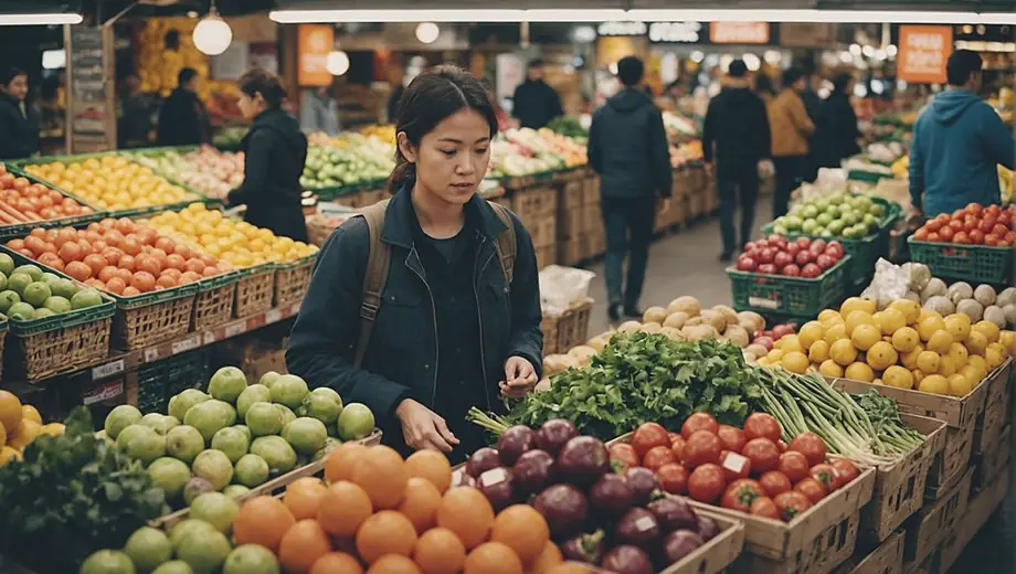 A person standing in a bustling wholesale food market, surrounded by colorful displays of fresh produce and packaged goods.