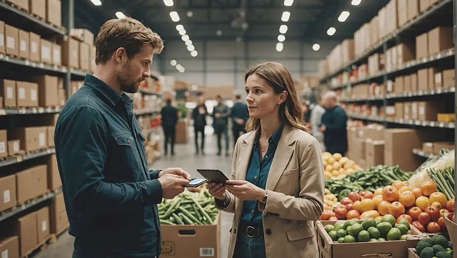 A customer discusses product options with a professional food supplier at a bustling warehouse, surrounded by fresh produce and packaged goods.