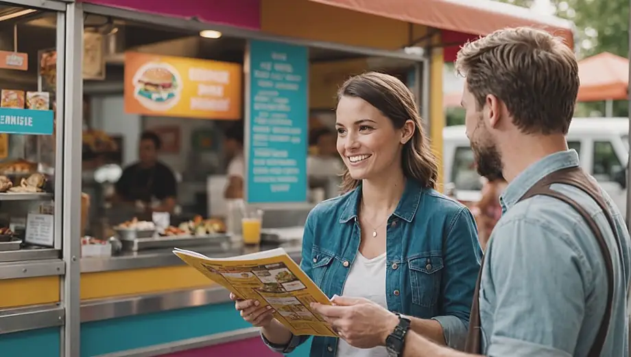 A customer enthusiastically discusses menu options with a professional at a vibrant food truck, surrounded by colorful signage and delicious food aromas.