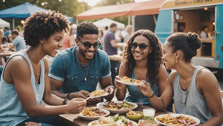 A diverse group of friends enjoying delicious meals from a vibrant food truck at a bustling outdoor festival.