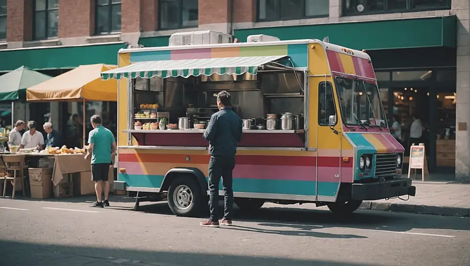 A person stands beside a colorful mobile food service truck, preparing delicious meals for customers in a bustling outdoor market.