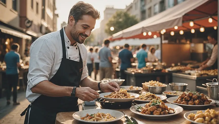 A customer enjoying a delicious plate of street food while a professional chef prepares fresh dishes at a vibrant outdoor market.
