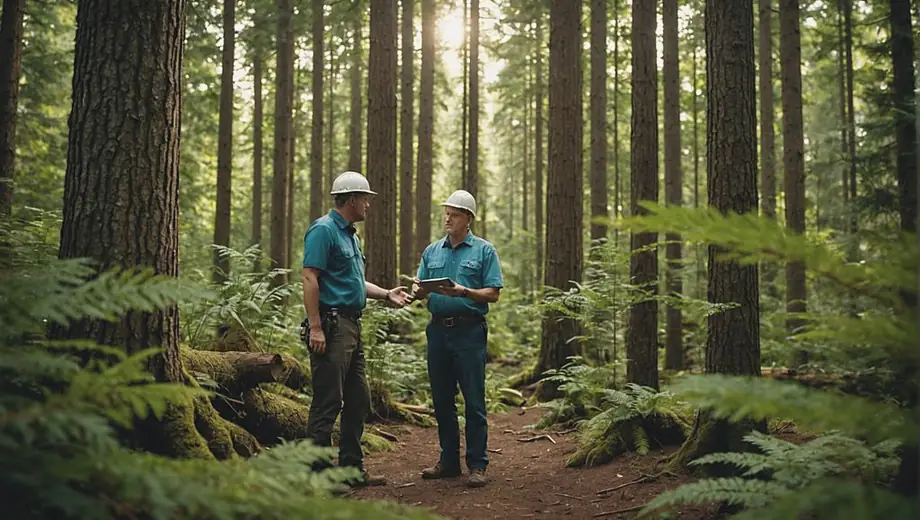 A customer and a forestry professional discuss tree health and management strategies on-site in a lush forest environment, surrounded by tall trees and greenery.