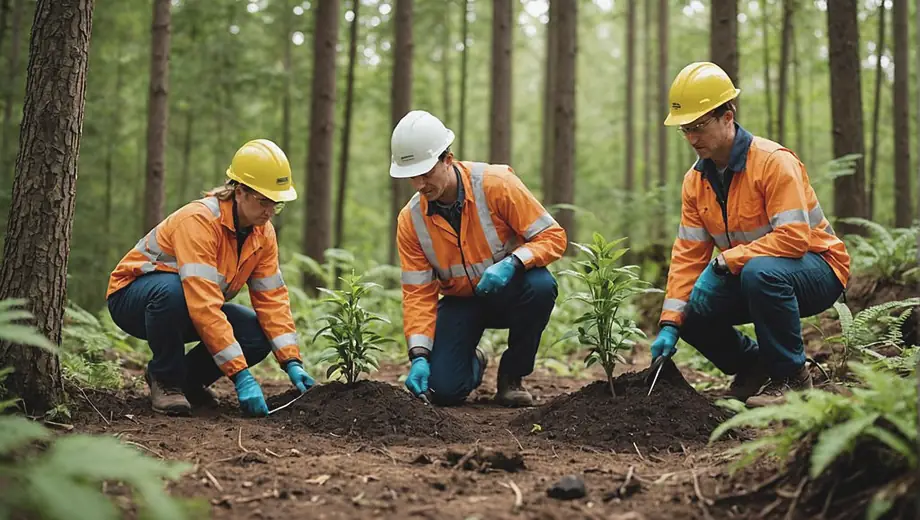 A diverse group of people in safety gear actively engaged in a forestry service project, planting trees and managing the landscape in a lush forest setting.