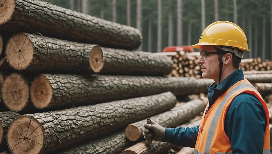 A person in safety gear inspects timber production at a logging site, surrounded by stacks of freshly cut logs and machinery.