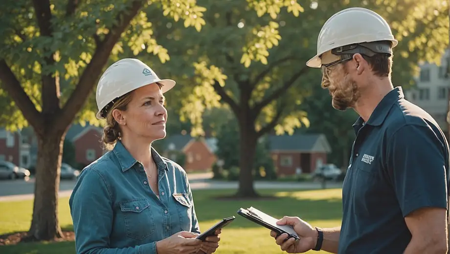 A customer discusses tree management strategies with a professional on-site, surrounded by healthy trees and equipment for maintenance.