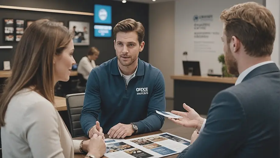 A customer and a professional discuss franchise options on-site, with a franchise logo visible in the background. The professional gestures towards a brochure while the customer listens attentively, showcasing a collaborative atmosphere.