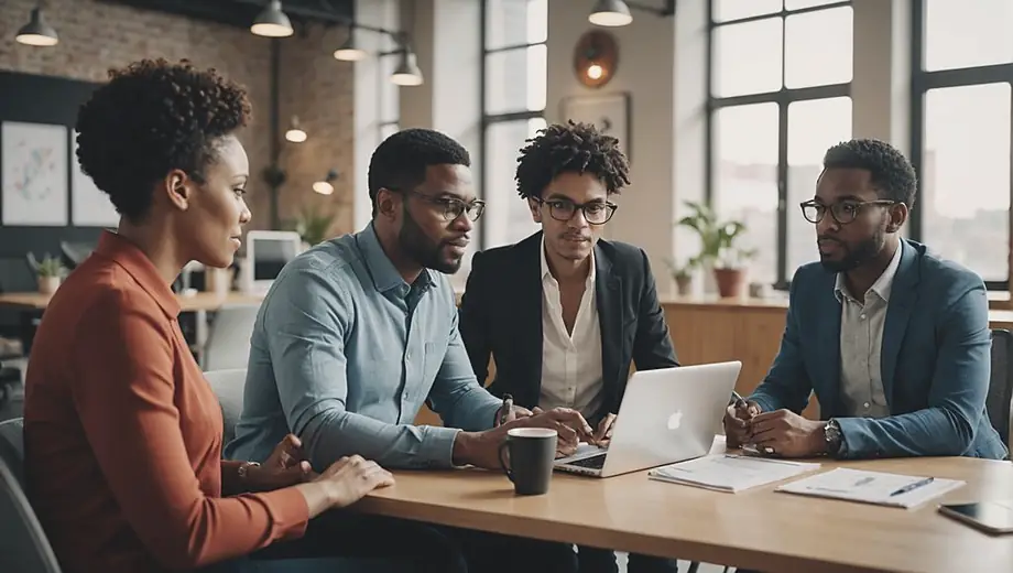 A diverse group of entrepreneurs discussing strategies for their franchise business in a modern office setting, surrounded by charts and laptops.