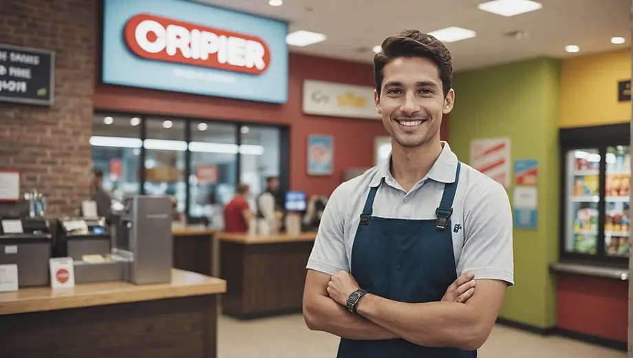 A person stands in front of a franchise chain location, smiling and holding a clipboard, ready to assist customers.