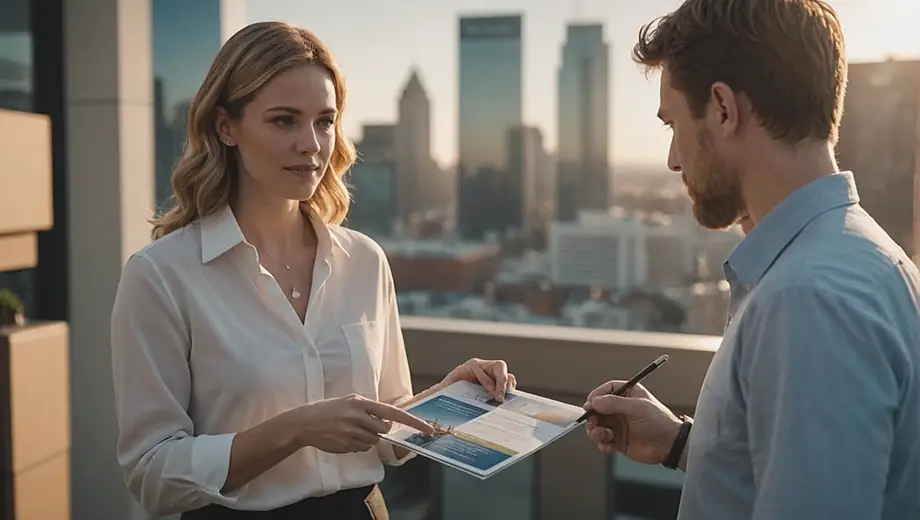 A customer and a professional discuss franchise service options on-site, with the professional pointing to a brochure while the customer takes notes.