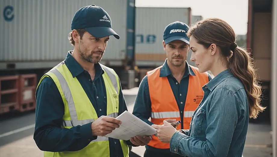 A customer and a professional discuss freight logistics on-site, reviewing shipment details and planning for efficient delivery.