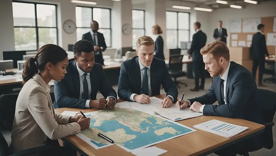 A diverse group of professionals collaborates in an office setting, discussing logistics and planning routes for a freight company, surrounded by maps and shipping documents.