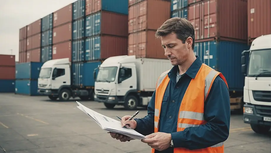 A logistics professional stands at a freight forwarding facility, reviewing shipping documents while surrounded by cargo containers and transport vehicles.