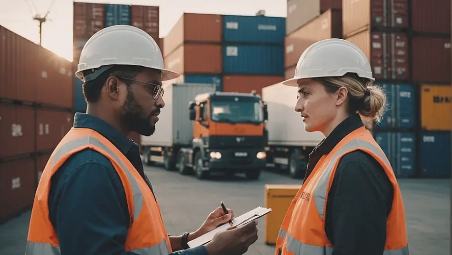 A customer discusses logistics with a professional on-site, reviewing cargo services while surrounded by shipping containers and equipment.