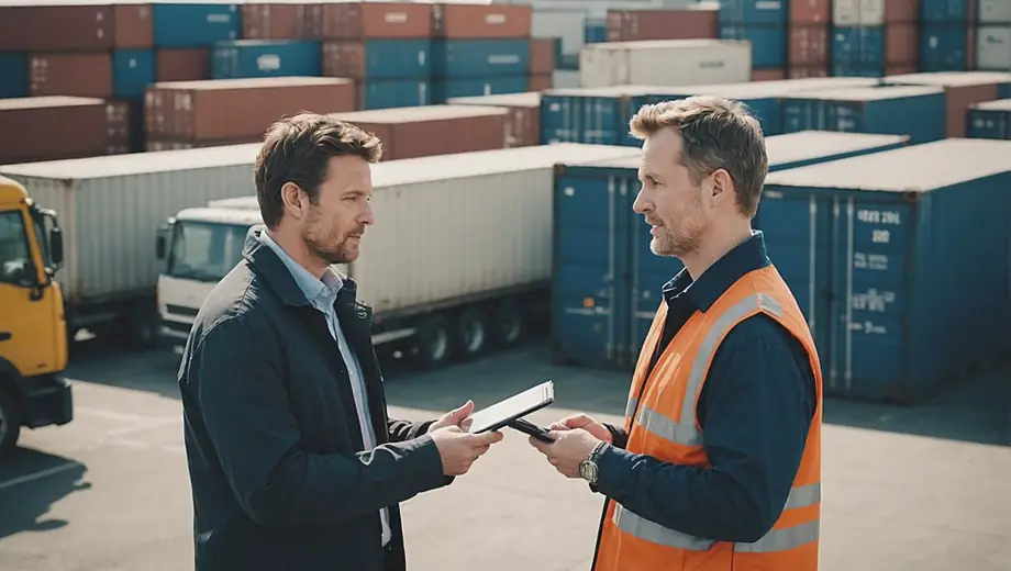 A customer and a professional discuss freight and logistics solutions on-site, surrounded by shipping containers and transport vehicles.