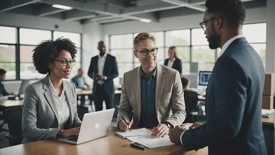 A diverse group of professionals collaborates in an office, discussing logistics and strategies for efficient freight forwarding.