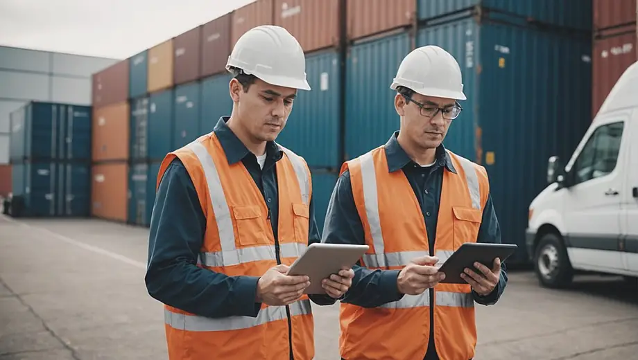 A logistics services professional stands on-site, reviewing shipment details on a tablet while surrounded by cargo containers and delivery vehicles.