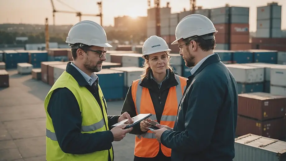 A customer and a professional discuss supply chain management strategies on-site, surrounded by logistics equipment and inventory.