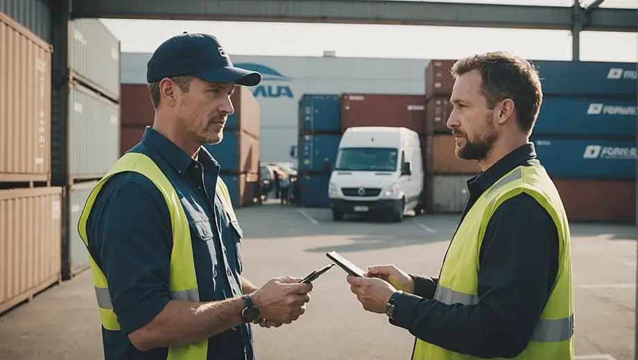 A customer and a professional discuss logistics at a freight forwarding facility, surrounded by shipping containers and transport vehicles.