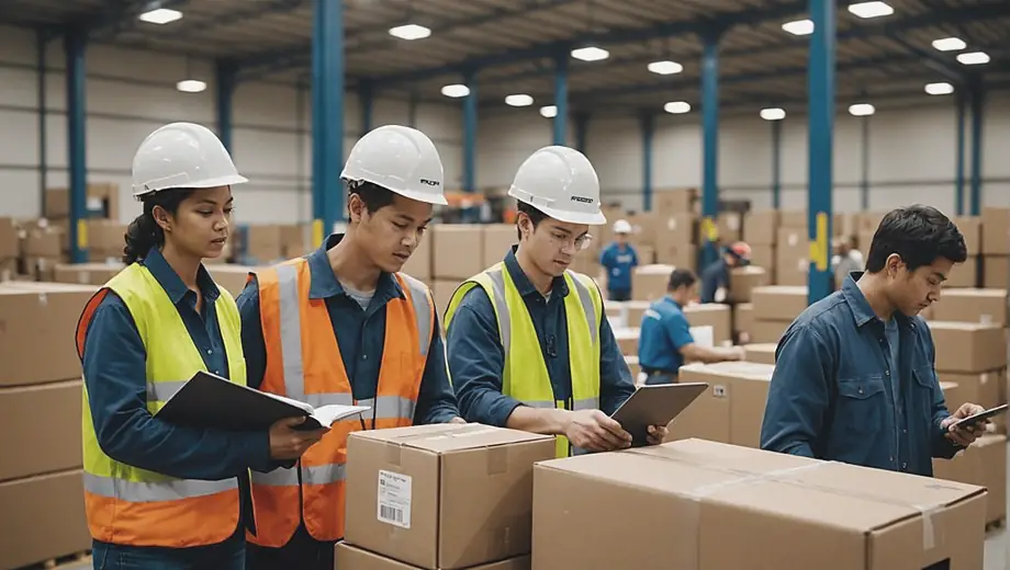 A diverse group of workers at a freight company collaborates in a busy warehouse, organizing packages and loading trucks for efficient shipping.