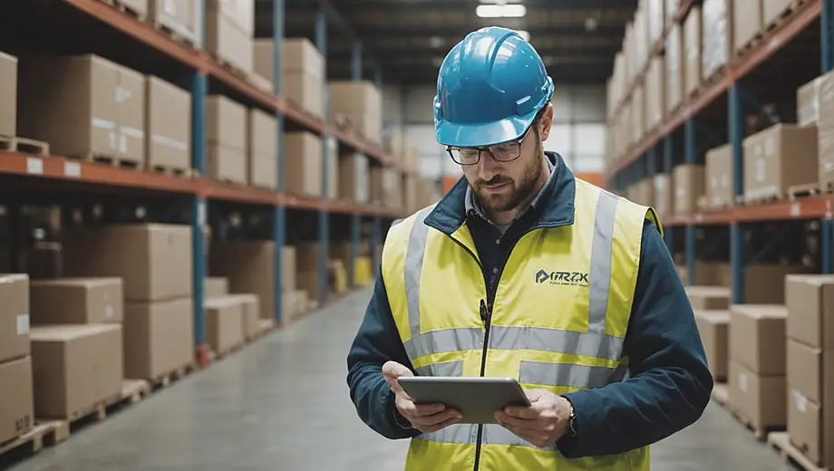 A logistics professional reviewing inventory data on a tablet at a warehouse, showcasing efficient supply chain service operations.