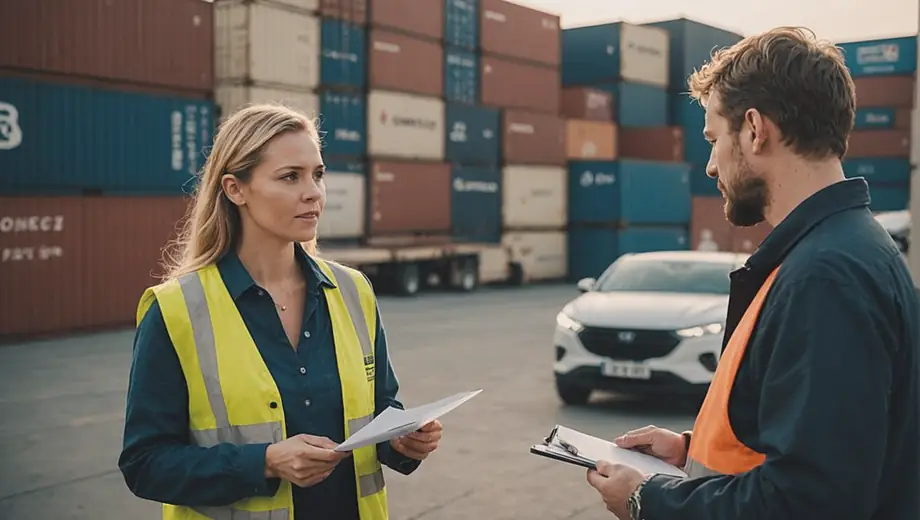A customer discusses project details with a professional logistics provider on-site, surrounded by shipping containers and delivery vehicles.
