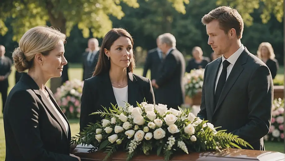 A customer and a professional discuss arrangements at a funeral service, surrounded by floral tributes and a serene setting.