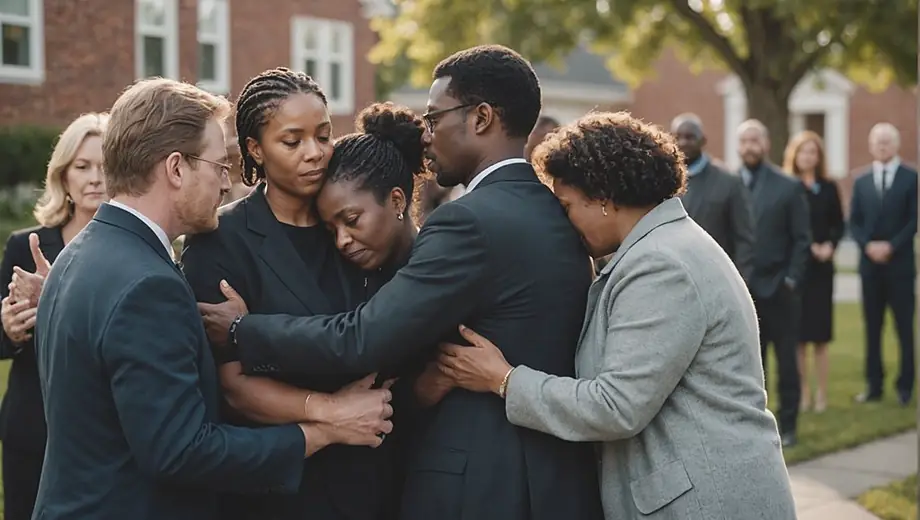 A diverse group of people gathered outside a funeral home, sharing comforting words and embracing each other in a moment of grief and support.
