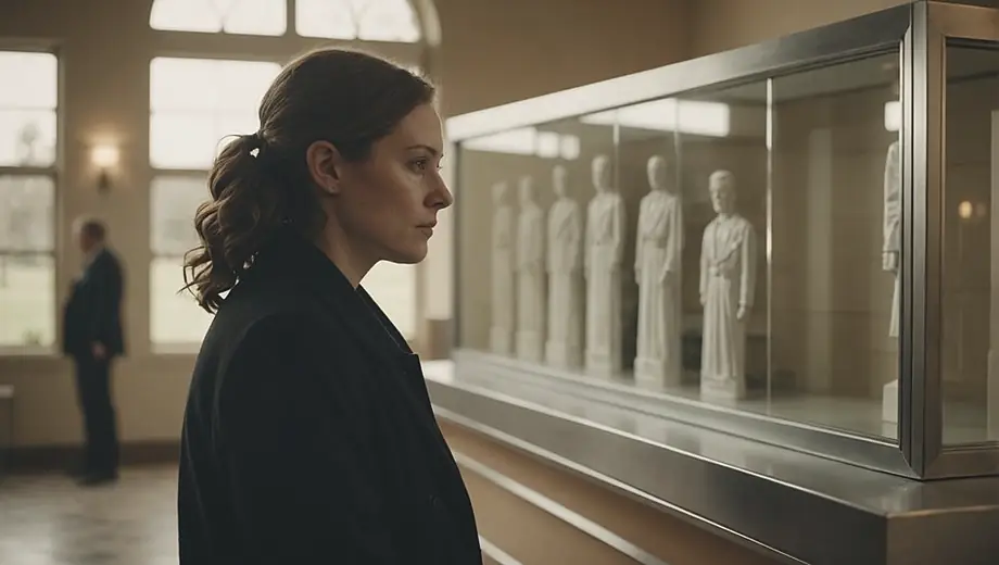 A person stands in a mortuary, examining a memorial display with a thoughtful expression.