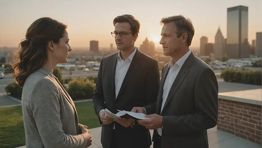 A customer discusses options with a professional at a cremation service facility, both engaged in a compassionate conversation in a serene environment.