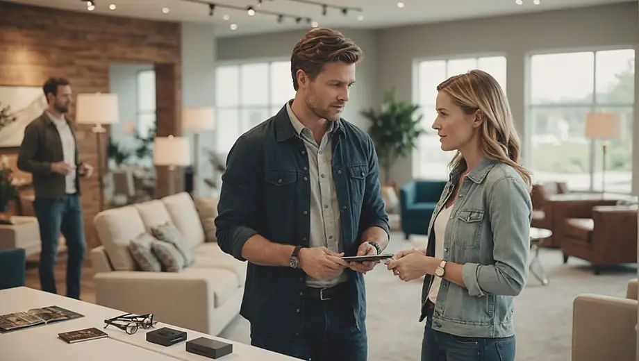 A customer discusses design options with a professional on site, surrounded by various furniture pieces in a bright, modern showroom.