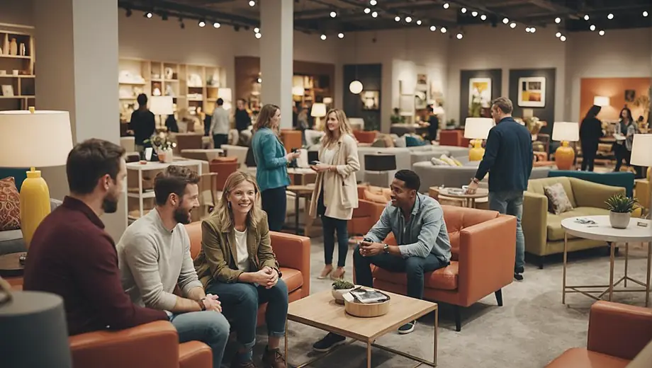 A diverse group of people browsing and interacting with various furniture displays in a vibrant furniture store.