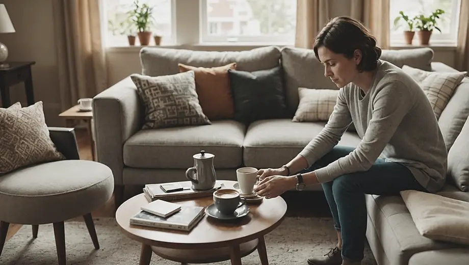 A person arranging home furnishings in a cozy living room, showcasing a stylish sofa, decorative pillows, and a coffee table.